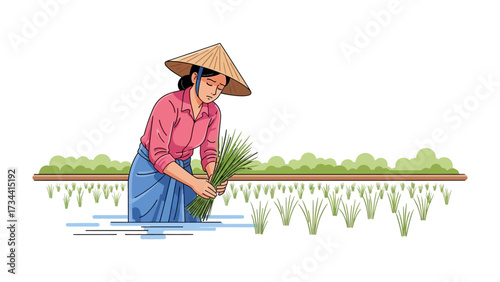 Woman Planting Rice in Paddy Field: A serene illustration shows a woman, gracefully tending to a rice paddy, embodying the essence of traditional farming in this idyllic scene.