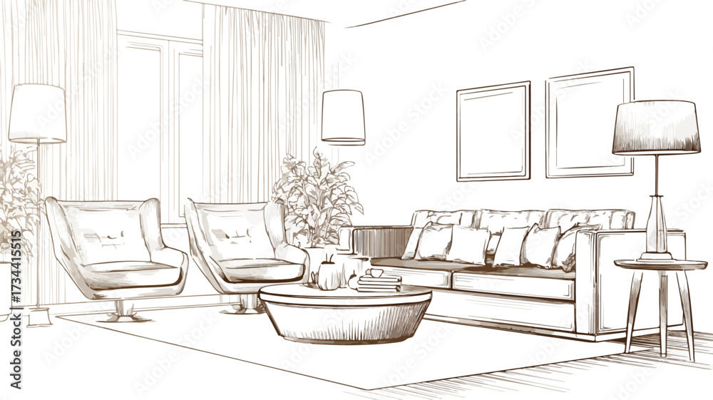 Fototapeta premium Elegant Modern Living Room Interior Design Vector Illustration