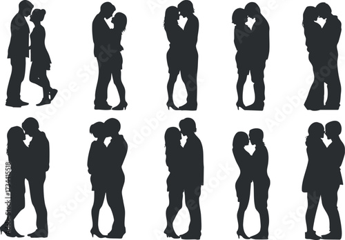 Silhouette illustrations of couples kissing showcasing love and romance in various poses..