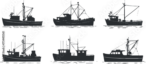 A collection of six fishing boat silhouettes showcasing various maritime designs and styles..