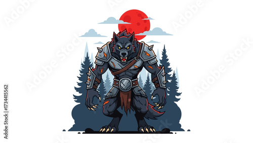 Night's Alpha: An illustration of a fierce werewolf, with its menacing gaze fixed on the observer, stands defiantly against the backdrop of an ominous red moon and forest.