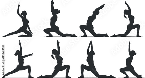 Silhouettes of women practicing various yoga poses showcasing flexibility and strength..