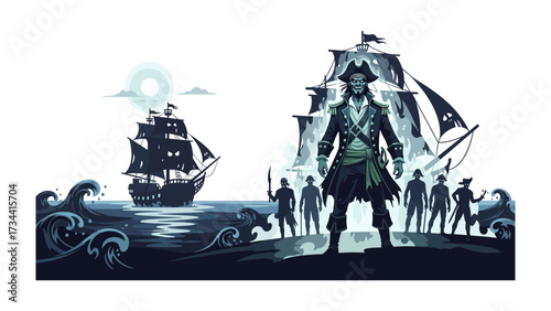 Pirate's Voyage: A dramatic illustration of pirates, sailing ships, and crashing waves create a captivating narrative of adventure and maritime life. 