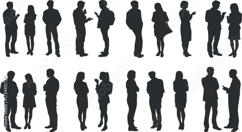 Silhouettes of diverse business people engaged in conversation and collaboration in an office setting.
