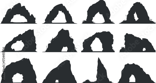 Collection of silhouette rock arches showcasing various natural formations in outdoor landscapes..
