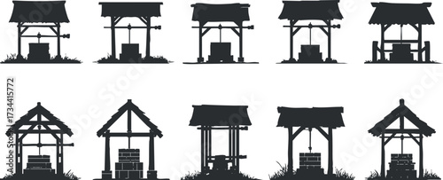 A collection of silhouettes showcasing various styles of traditional water wells in a rural setting..