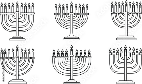 Happy Hanukkah Greeting Card Collection Featuring Colorful Hebrew Text Illustrations of Menorahs in a Festive Environment