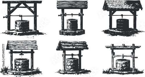 A collection of vintage well illustrations showcasing various designs and structures in black and white..