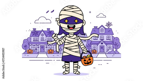 Enchanting Halloween Mummy: An illustrated child, transformed into an adorable mummy, gleefully prepares for a night of trick-or-treating through a picturesque neighborhood.