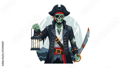 Pirate with a Lantern and Sword: An illustration of a formidable pirate, depicted in a stylistic manner, brandishing a cutlass in one hand and holding a lantern in the other.