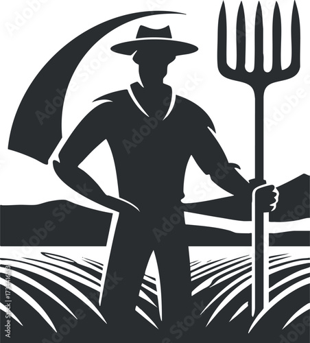A silhouette of a farmer holding a scythe and fork in a rural landscape..