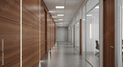 Modern Interior Corporate Hallway Perspective with Wood Panels and Glass Walls