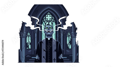 Unholy Priest in Ruined Church: A menacing undead priest stands in a spectral church, exuding an aura of dark mystery. Silhouette of dark atmosphere.