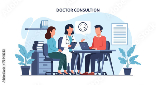 Female doctor providing a medical consultation to a couple of patients in a modern clinic office.
