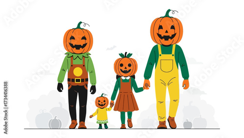 Pumpkin Headed Family: A charming family, each member adorned with a festive pumpkin head, spreads joy and warmth.