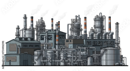 A detailed illustration of a large industrial complex with multiple towers, pipes, and smoking chimneys.