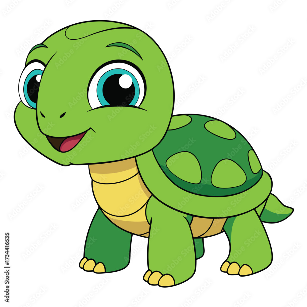 Fototapeta premium Cute cartoon turtle with a green shell