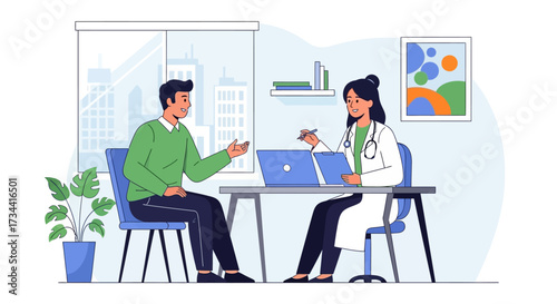 A male patient consults with a female doctor in a modern medical office, discussing health concerns during an appointment.