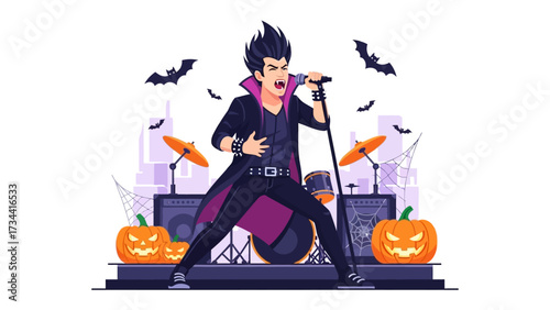 Rocking Halloween: A captivating illustration of a rockstar dressed in a vampire-themed outfit, performing on stage amidst festive Halloween decorations.