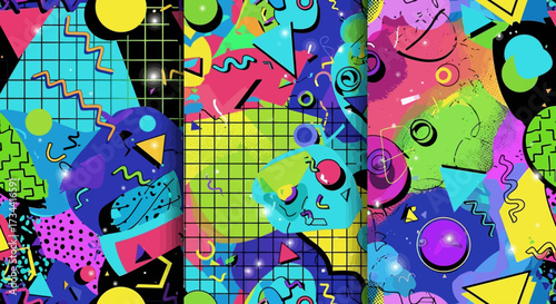 A collection of vibrant seamless patterns in a retro 80s Memphis design style, featuring colorful geometric shapes, squiggles, and grids.