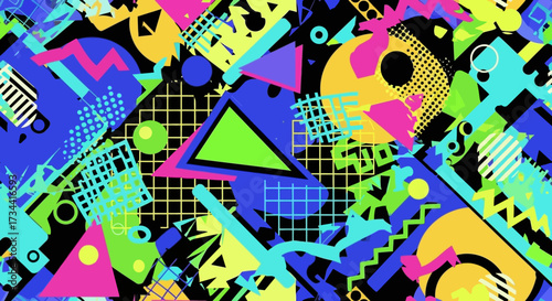 A vibrant and chaotic abstract pattern featuring geometric shapes, zigzags, and bold colors in a retro 1980s style.