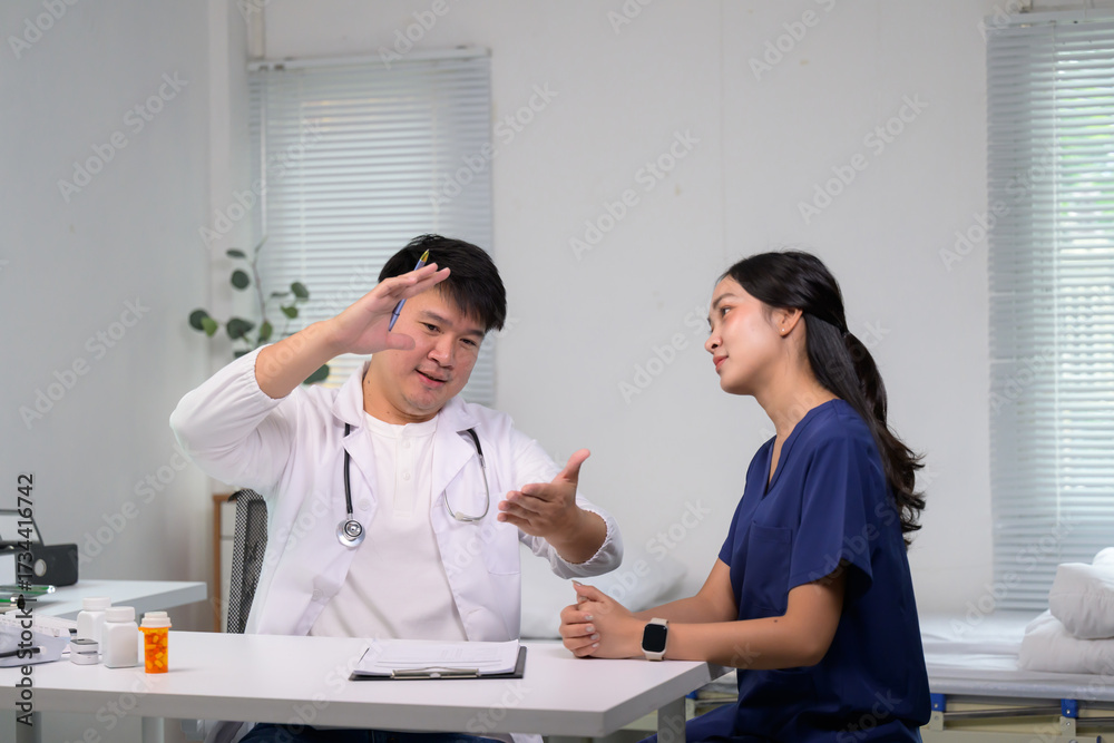 Obraz premium Doctor discussing medical information with nurse in clinic