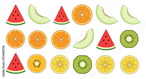 Illustration of sliced fruits including watermelon, melon, orange, kiwi, and lemon.