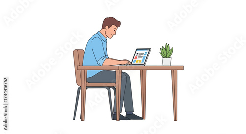 Focused man working on laptop at wooden desk with plant in pot