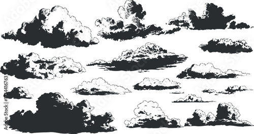 A collection of hand-drawn black and white cloud illustrations for artistic and design purposes..