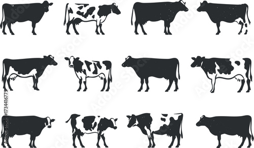 A stylish pattern featuring various silhouettes of cows in black and white design..