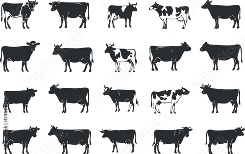 A seamless pattern featuring various silhouettes of cows in black and white, ideal for agricultural designs..