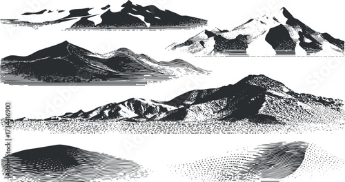 Stylized black and white illustrations of various mountain landscapes and terrains..