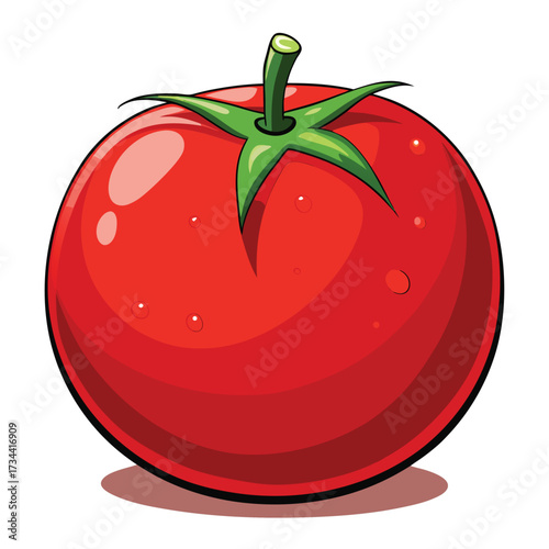 Illustration of a ripe red tomato with green stem
