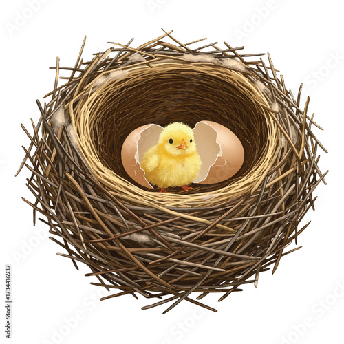 A realistic 2D vector illustration depicts a delicate bird's nest cradling a single egg, visibly cracking and beginning to hatch, set against a pristine white background.