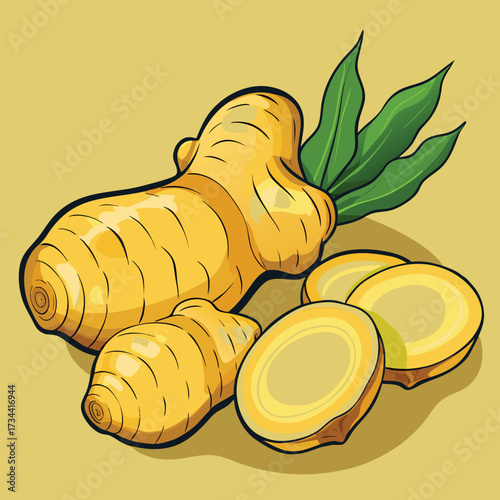Illustration of fresh ginger root with green leaves and sliced ginger pieces
