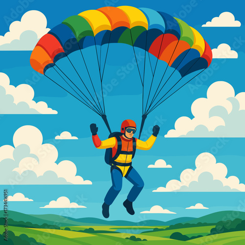Vibrant illustration of a parachutist descending with a colorful canopy against a blue sky