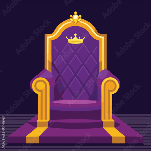 Illustration of a luxurious purple and gold royal throne on a dark background