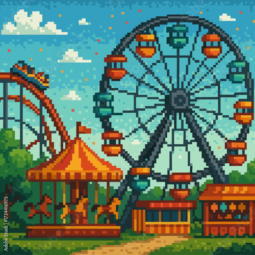 Pixel art carnival scene with Ferris wheel, carousel, and roller coaster against a blue sky
