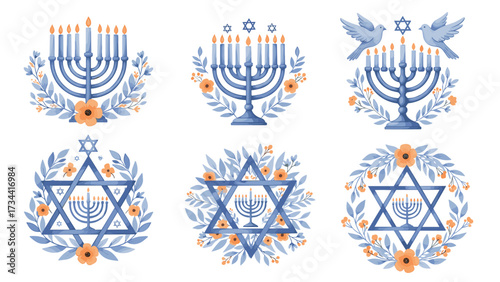Menorahs and Stars of David Illustrations, Cultural Art, Festive Atmosphere, Serenity and Joy