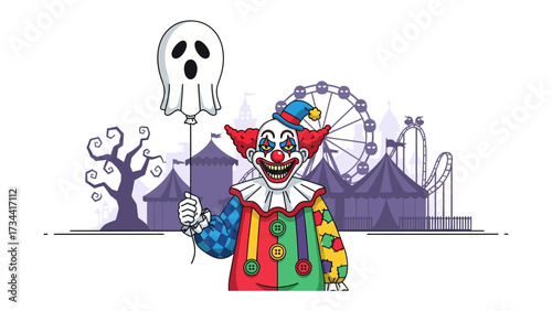 A Carnival Clown's Spooky Delight: A vibrant and playful cartoon depicts a smiling clown at a whimsical carnival, holding a spooky ghost balloon amidst a backdrop of rollercoasters.