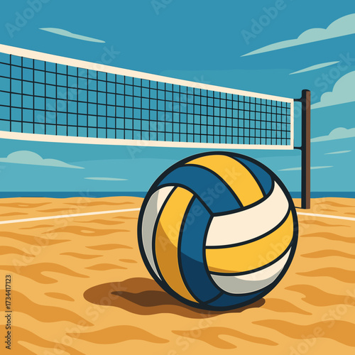 Colorful volleyball on sandy beach with net and blue sky