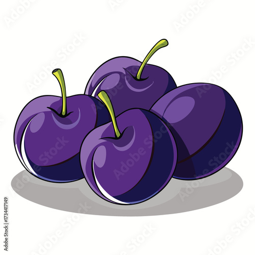 Illustration of four ripe plums with stems