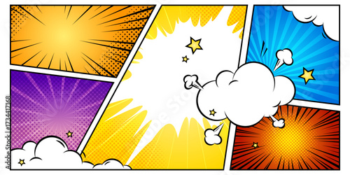 Colorful comic panels with cloud explosions and superhero action bursts for pop art design. Retro halftone frames with white speech bubbles. Vintage cartoon strip layout for graphic novels or posters.