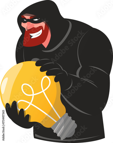 thief wearing black mask is holding  light bulb in hands
