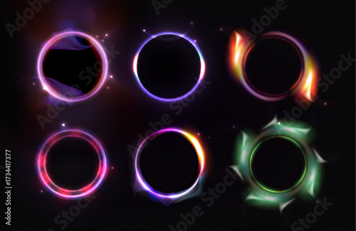 Glowing neon rings with halo effects and colorful plasma for futuristic design. Bright circular frames with stars and smoke wisps. Luminous portal borders for gaming interface or sci fi graphics.