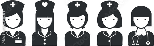 A collection of diverse nurse and doctor icons representing various healthcare professions and roles..