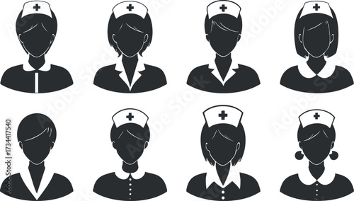 A collection of nurse silhouettes showcasing various hairstyles and uniforms for healthcare representation..