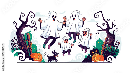 Spooky Halloween Scene: A charming and spirited illustration captures the essence of Halloween with playfully depicted ghosts, a lively puppy, and festive pumpkins.