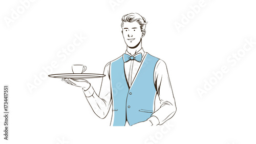 Elegant Waiter Holding Tray Linear Vector Illustration for Restaurants and Events