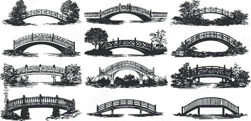 A collection of artistic black and white illustrations of various bridge designs and landscapes..